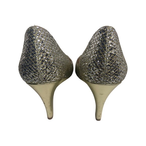 Badgley Mischka Gold Sequin Open Toe Heels Wedges - Picture 5 of 6